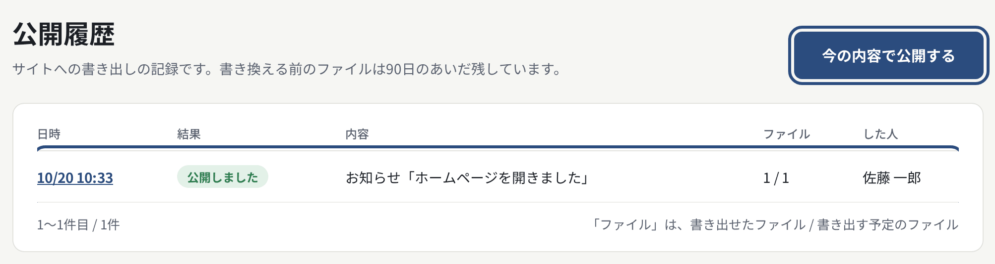 公開履歴。「今の内容で公開する」と、書き出しの結果の一覧
