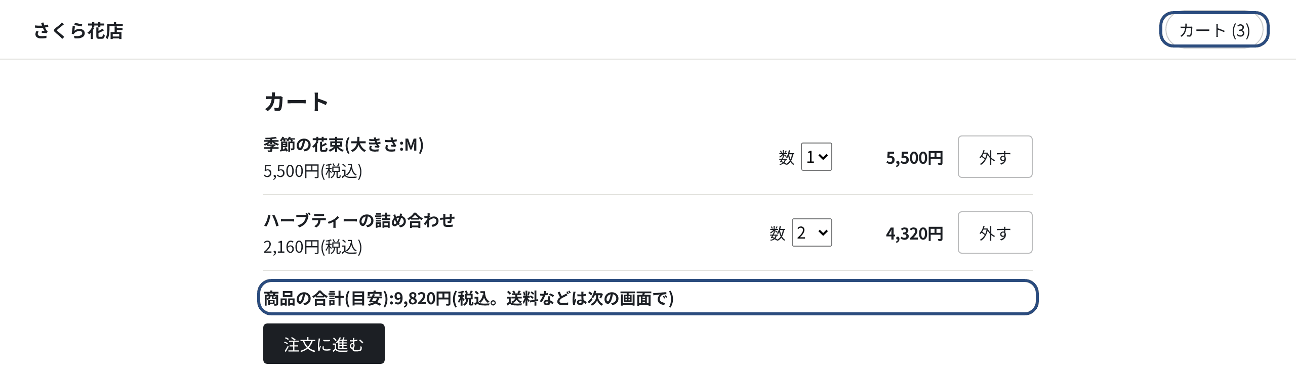 カートのページ。ヘッダーのカートのボタンと、入れた商品・数・合計の目安