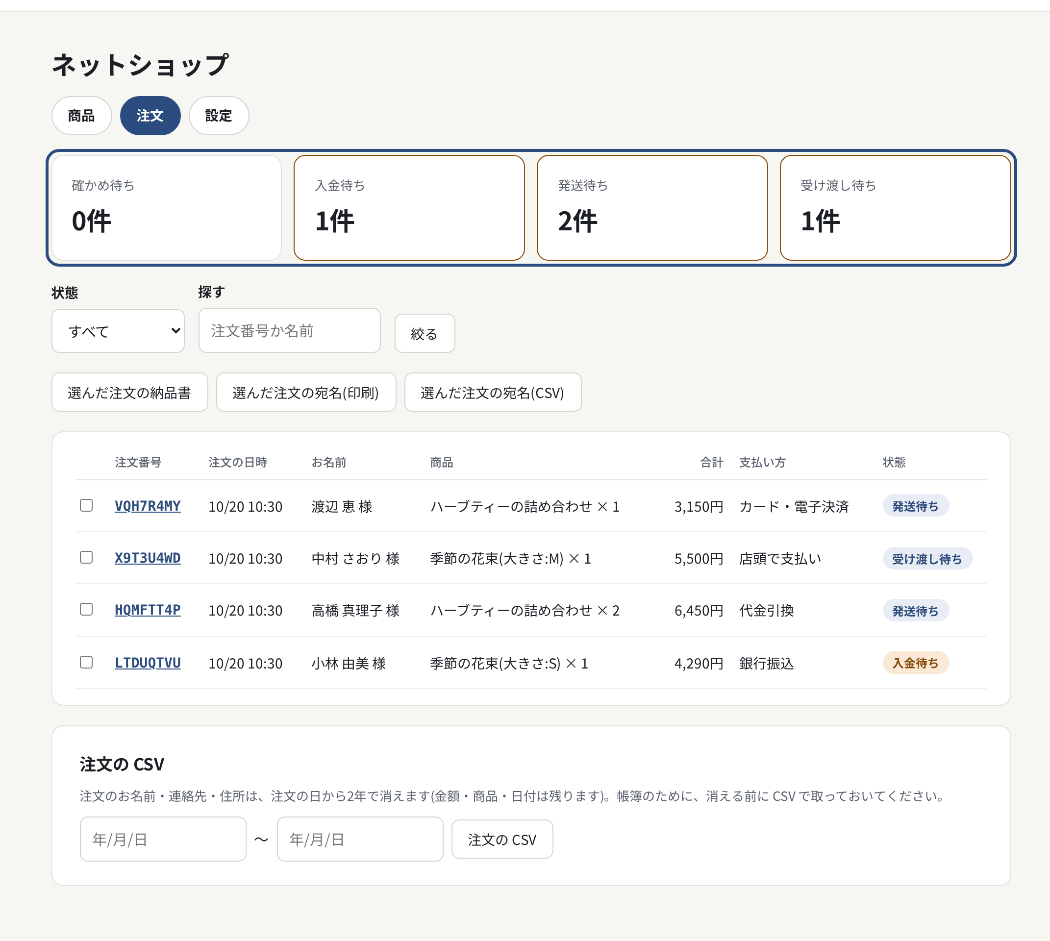 注文の一覧。状態ごとの数