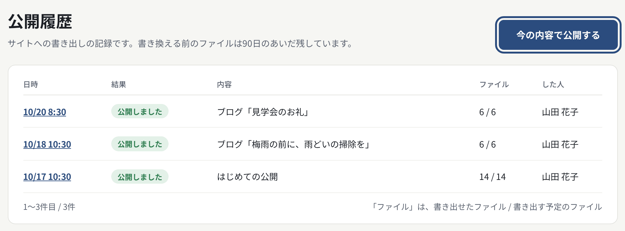 公開履歴。「今の内容で公開する」で、サーバに書き出す
